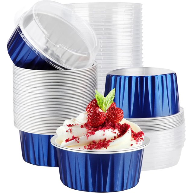 EUSOAR Foil Ramekins, 60pcs 5oz Disposable Mini Aluminum Foil Cupcake Liners Ramekins Cups with Lids for Baking, Dessert Cups Aluminum Cheesecake Pan Creme Brulee Baking Cups for Oven-Royal Blue