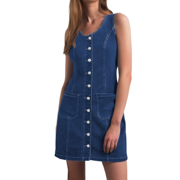 2025 Trendy Plus Size Denim Dress Women’s Casual Sleeveless Short Button Down with Pockets for Parties and Business,S,dark blue