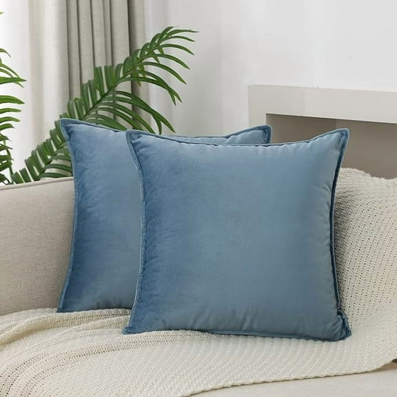 2Pc Solid Velvet Throw Pillow Covers - 18X18 Inch Sky Blue Decorative Pillowcases With Piping For Couch Bed Sofa Living Room Bedroom