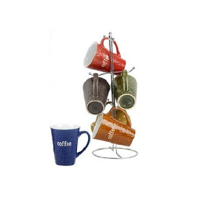 Ceramic Color Mug set With Metal Tree Stand Rack - Embossed Coffee Bean (Best Way To Cook Mung Beans)