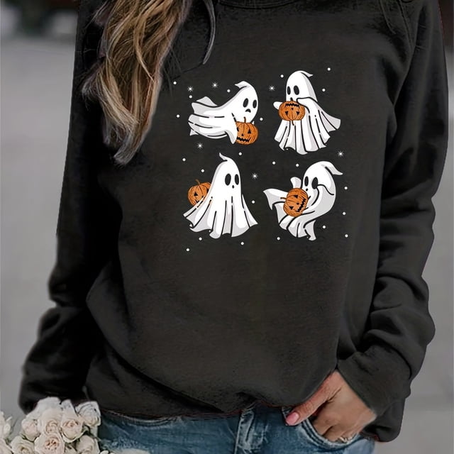 Sudadera Con Estampado De Fantasmas De Halloween, Sudadera Informal De Manga Larga Con Cuello Redondo, Ropa De Mujer