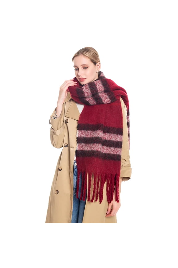 Women's Designer Print Scarf Fashion Block Plaid Tassel Oblong Scarf S5021 Burgundy