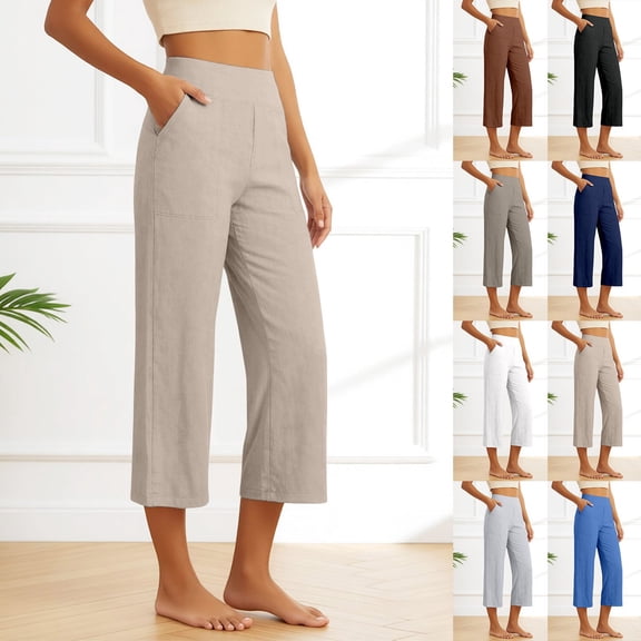 Womens Capri Pants Summer Cropped Pants Comfy Tummy Control Capris with Pockets Loose Fit Soft Lounge Capri Trousers