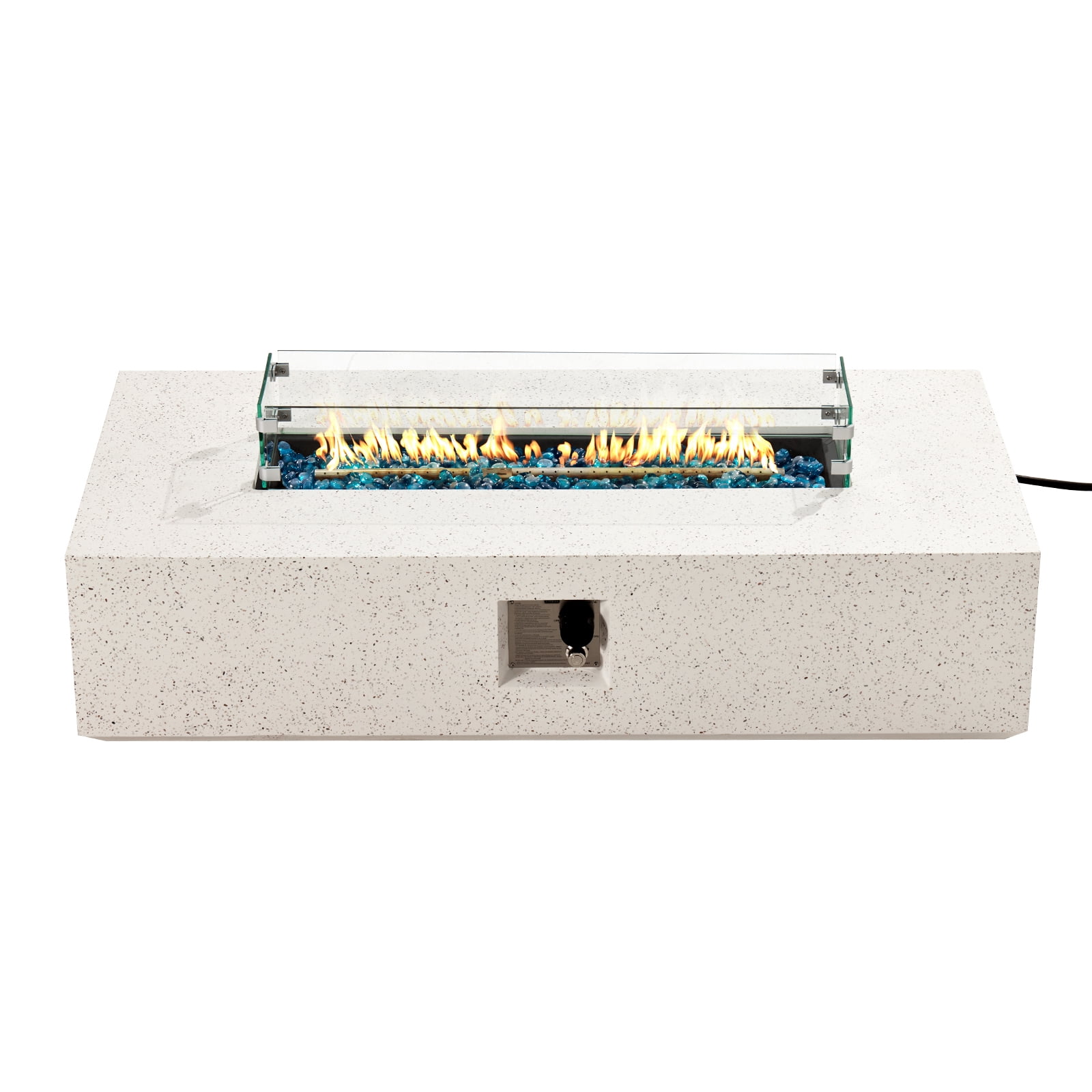VENTOPYR Outdoor Propane Fire Pit Table, 56-inch x 28-inch Rectangle Terrazzo White Concrete-Like Finish, 50,000 BTU Stainless Steel Burner w Blue Fire Glass, Wind Guard, Raincover