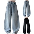 thumbnail image 2 of TIREOW Girls Sparkly Rhinestone Denim Pants Wide Leg Elastic Waist Jeans Fashionable Lightweight Casual Loose Denim Pants Streetwear(Black,13-14 Years), 2 of 7