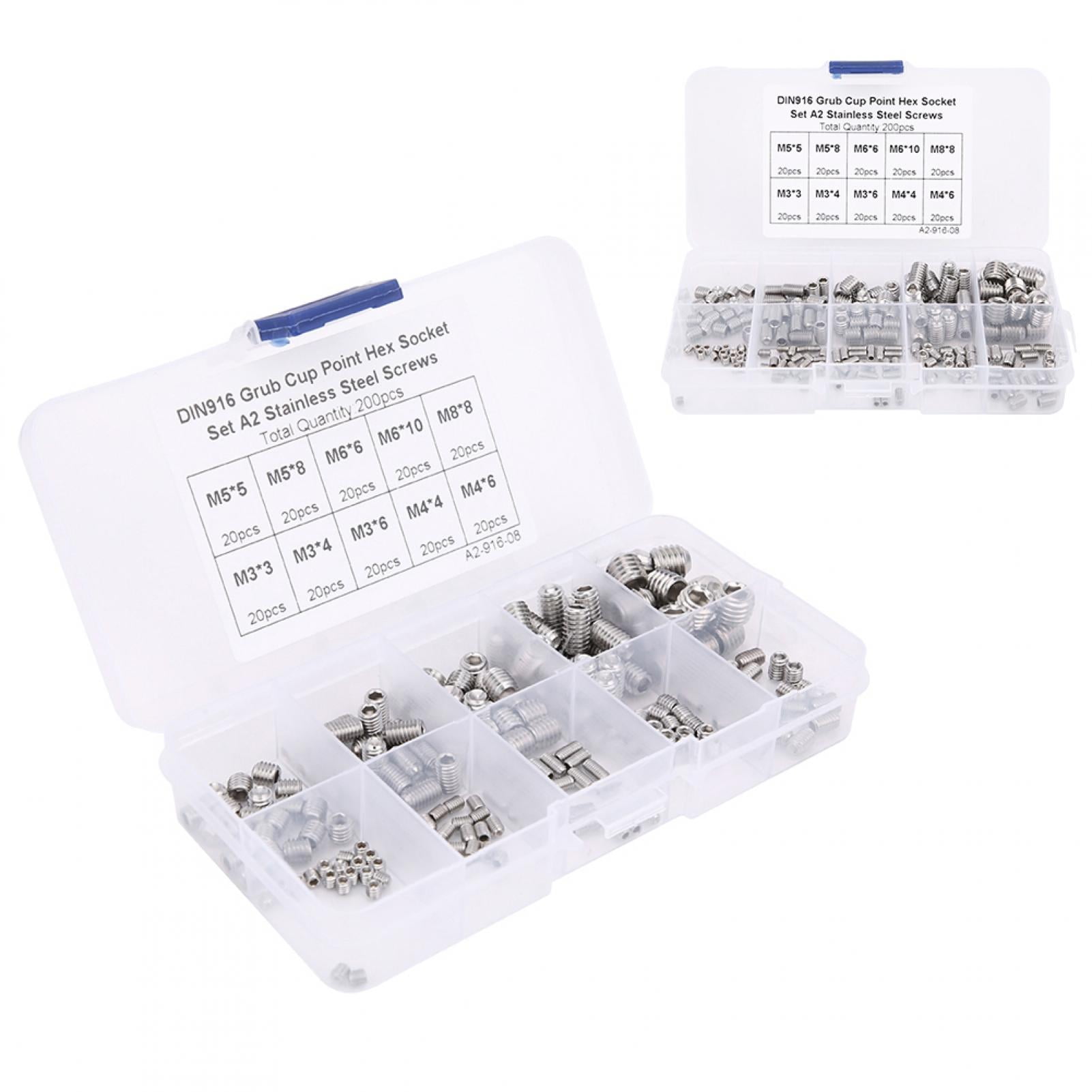 200Pcs Allen Head Grub Screw Set Cone Point Hex Socket Assortment Kit Stainless Steel with Plastic Box for Accuracy Instruments M3/M4/M5/M6/M8 