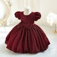 thumbnail image 4 of Jalioing Bubble Sleeve Princess Dress for Kids Girl Bow Ruched Puffy Dresses Birthday Party Baby Girls Skirts (3-4 Years, Red), 4 of 6