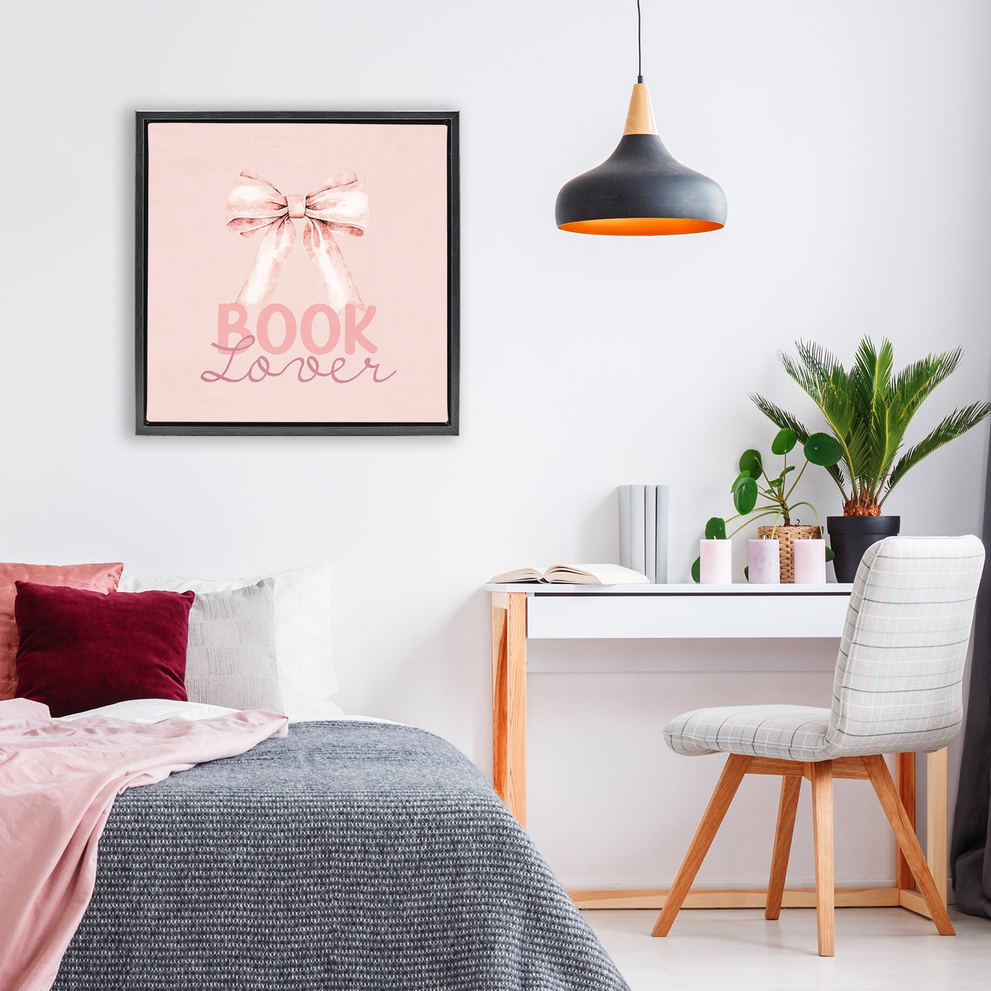 Blush Pink Book Lover Black Framed Floater Canvas Wall Art, design by Kim Allen