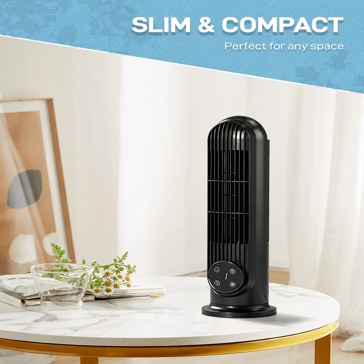 Alvantor 16-Inch Mini Tower Fan with Remote, 3 Speeds, Oscillation, 9-Hour Timer, Floor or Wall Mount, Black