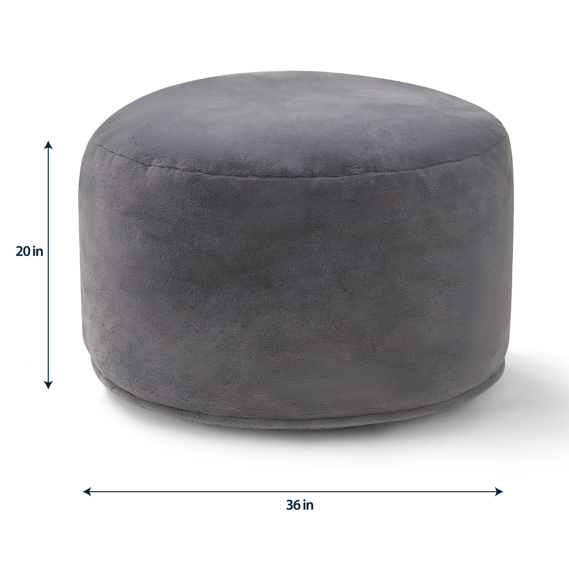 Serta Big Round Lounger Foam Filled Bean Bag Chair, Gray, Plush Faux Fur, Oversized Round Floor Seat, 36” Diameter