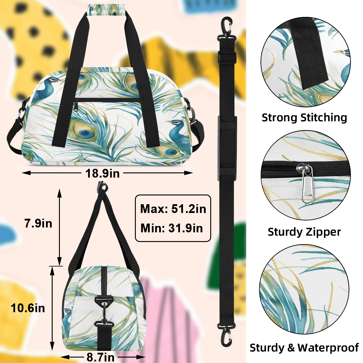 Herdesigns Sports Duffle Bags Travel Duffle Bag Gym Bag Peacock Watercolor Bird Feather Weekender Travel Bag Waterproof Overnight Bag Carry On Travel Tote Bag Dance Bags
