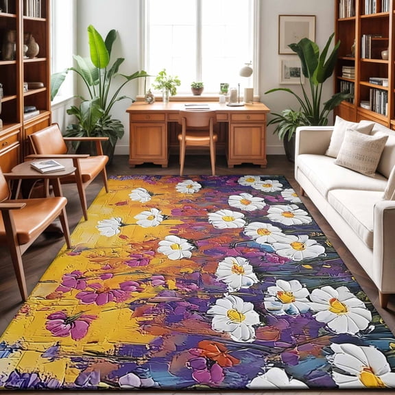 Area Rugs 3'x5', Vintage White Daisy Carpet Runner Indoor Outdoor Rugs Home Decor Aesthetic, Modern Oil Painted Botanical Non Slip Mats Washable Accent Rug for Living Room Bedroom