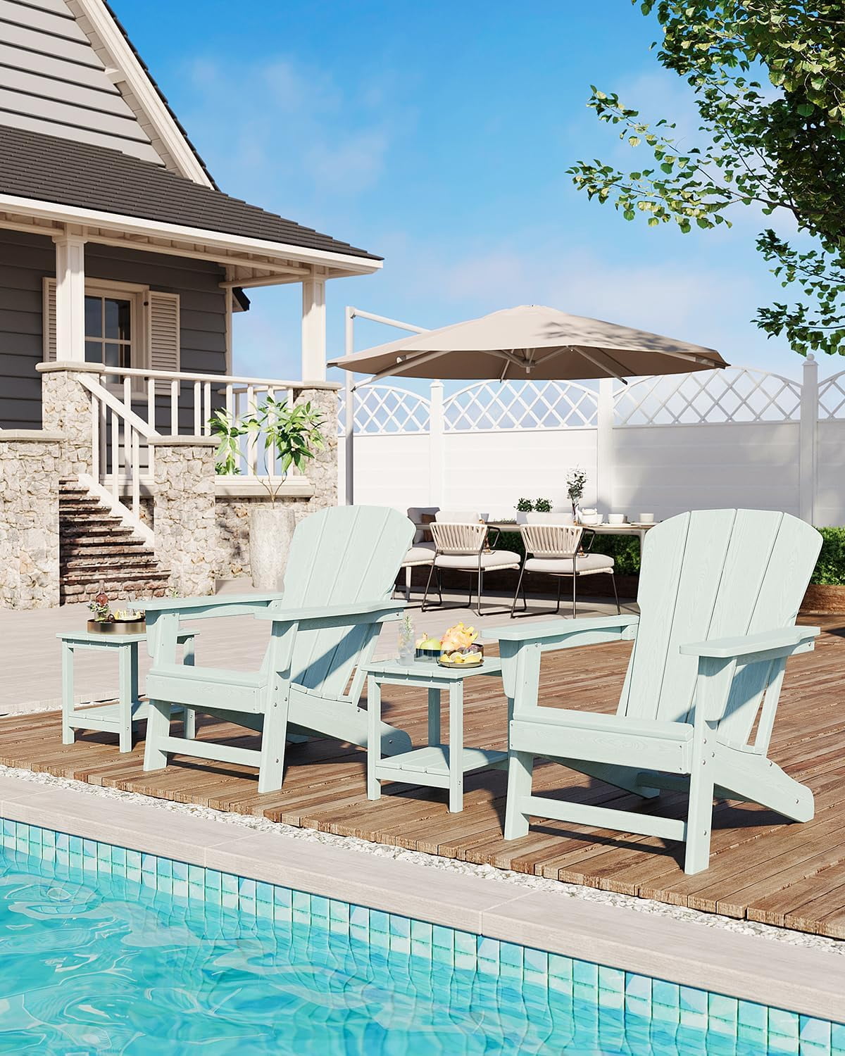 Outdoor Adirondack Chairs, HDPE Plastic Patio Chairs for All Weather, Weather-Resistant Fire Pit Chair with Wide Armrests & Slatted Back, for Patio, Deck, Lawn, Light Biue