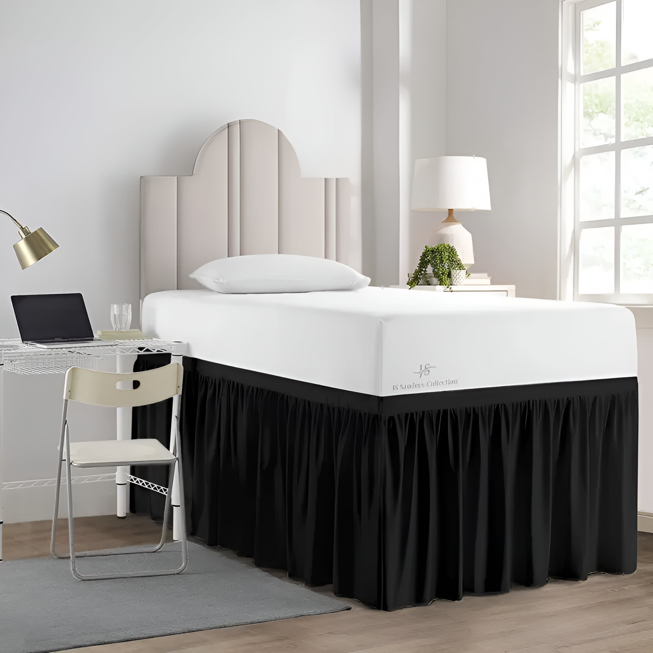 AUQ Dorm Bed Skirt Twin XL Size 32" Drop Black Solid Bed Skirt Stylish Ruffled Pattern Split Corner Easy Fit Easy Care Fade&Wrinkle Resistant-Polycotton Made