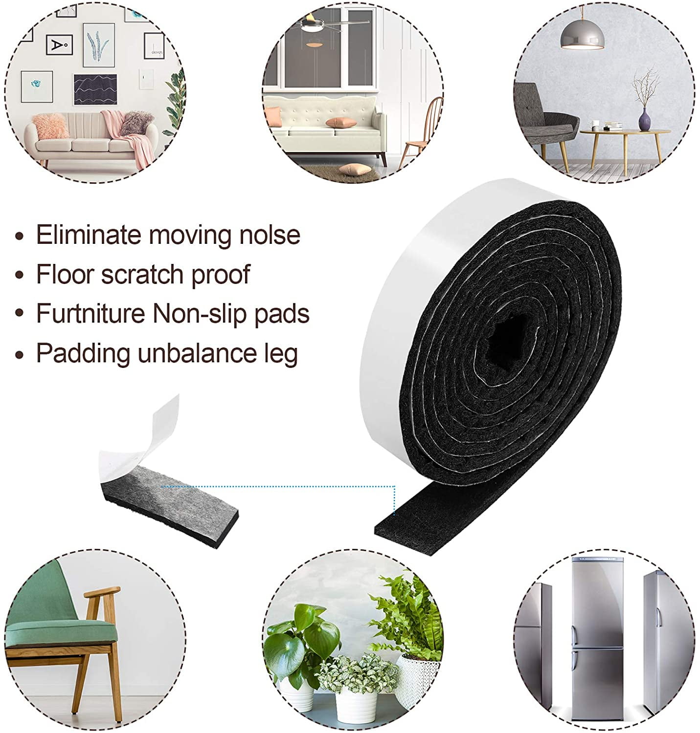 1/2 x 60 Inch Felt Strips with Adhesive Backing Felt Tapes Felt Strip Rolls  Furniture Self-Stick Heavy Duty Polyester for Protecting Furniture and DIY  Adhesive (Black, 4 Rolls) 