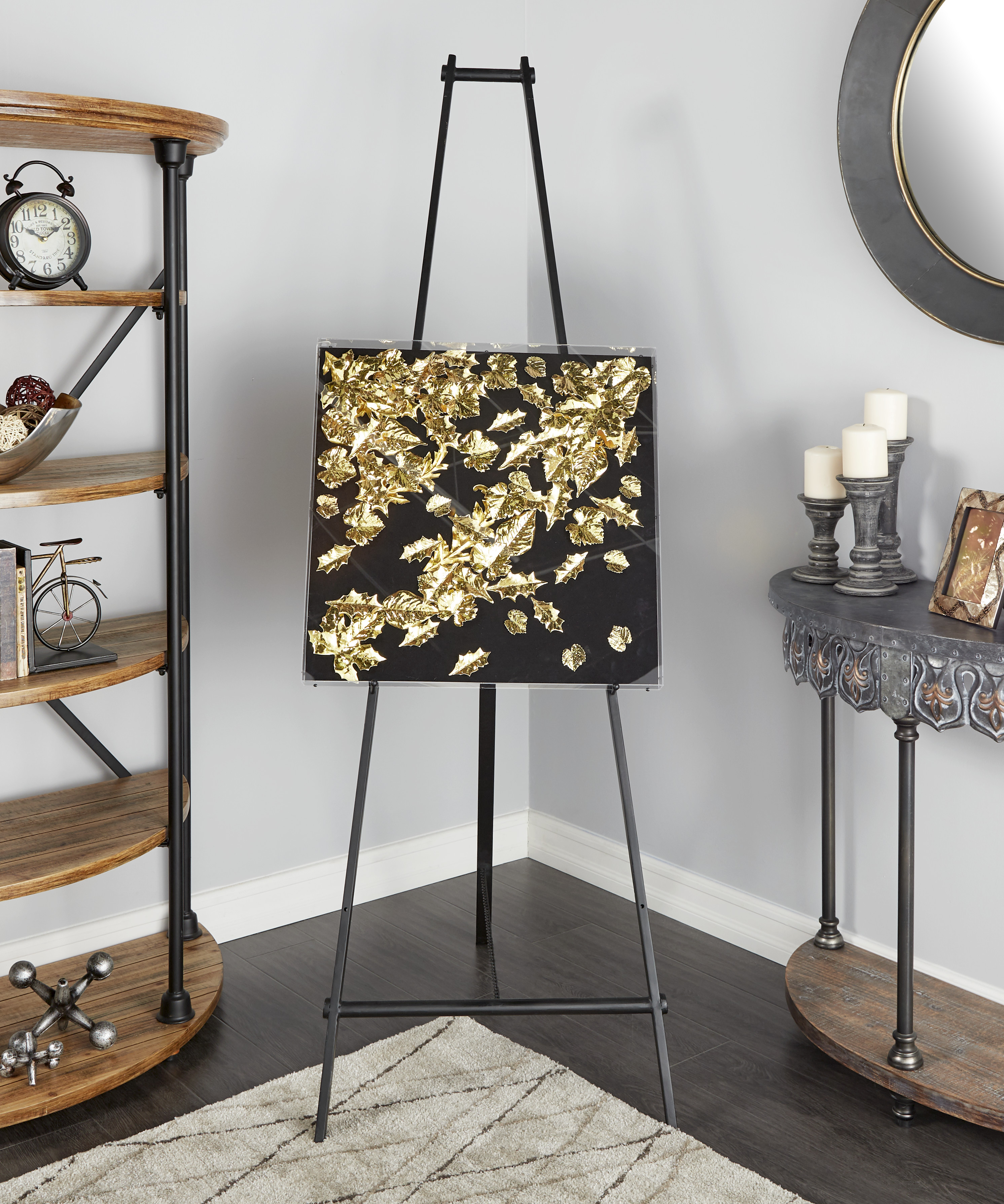 Decmode Large Square Modern Black and Metallic Gold Leaf Shadow Box Wall Decor, 23.5” x 23.5”