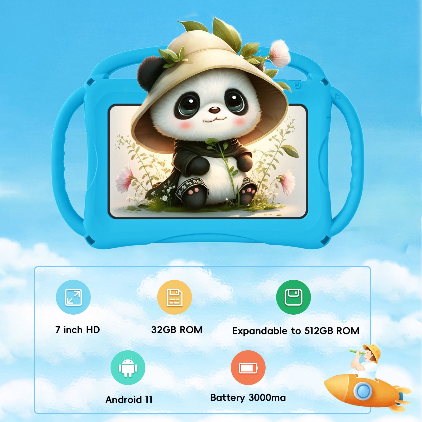 Kids Tablet 7 inch Android 11, 6GB RAM 32GB ROM, 512GB Expandsion, with Parental Control, WiFi, Bluetooth, Dual Camera with Silicone Case, 1PCS(light blue)