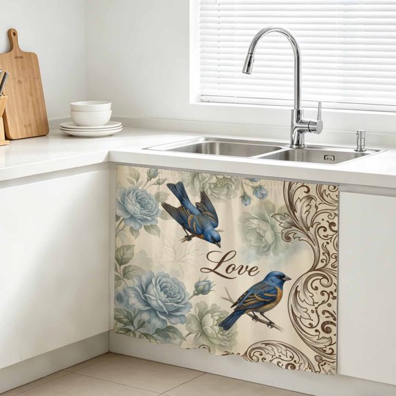 Bluebirds Peony Cabinet Curtain, Rustic Vintage Blue Green Beige Flourish Swirl Sink Skirt for Bathroom, Under Sink shelf Curtain Privacy Drape for Kitchen Laundry Room 10x11in