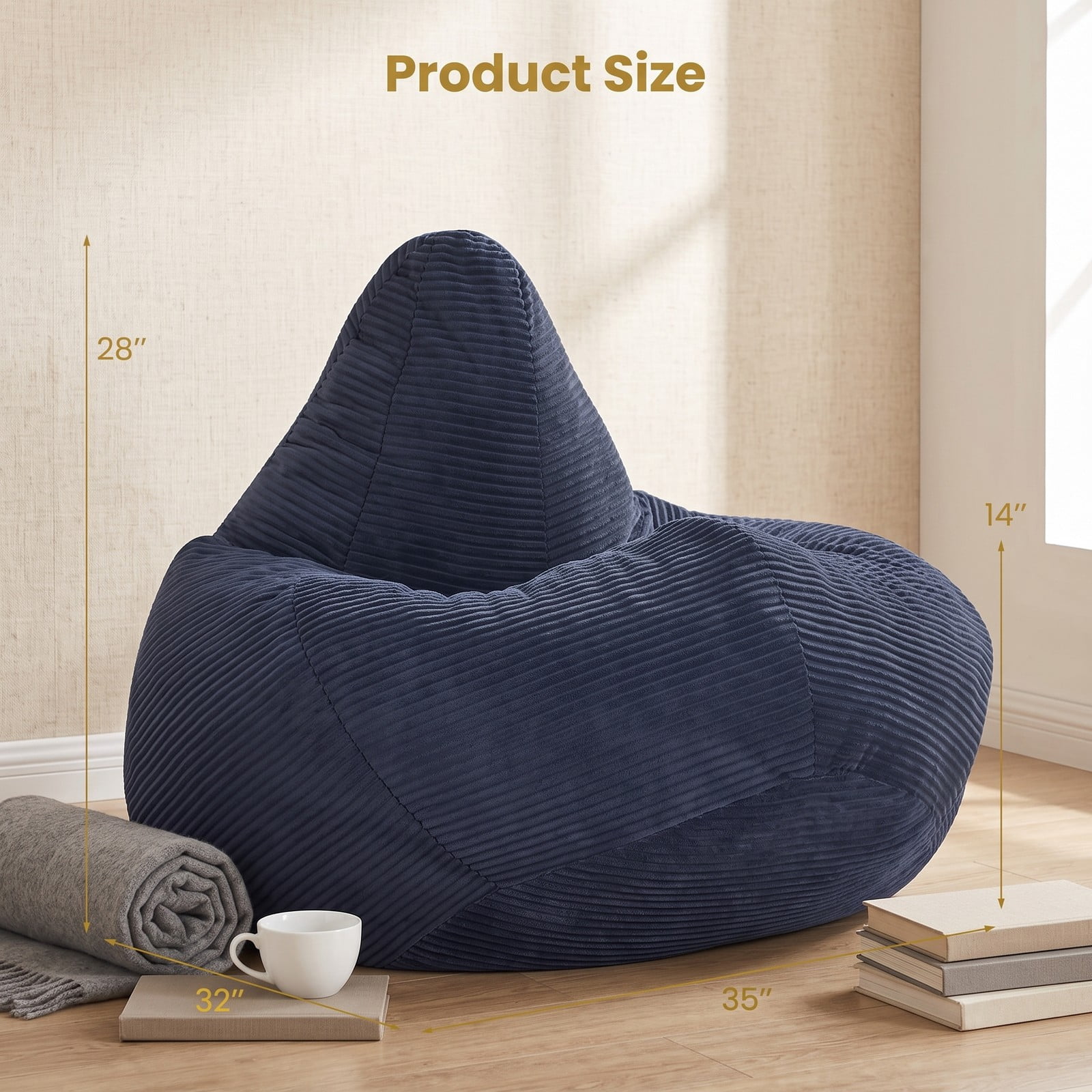 Furnibear Bean Bag Chair for Adults, Corduroy Lazy Lounger Accent Sofa with Soft Sponge Filling, Skin-Friendly Cover, Ergonomic Reading Gaming Seat for Living, Blue