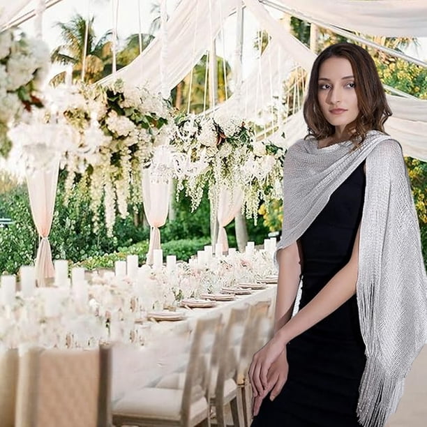 Chal Brillante Plateado Para Eventos - 100% Poliéster, Ideal Para Bodas, Fiestas Y Graduaciones
