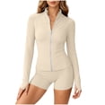 thumbnail image 2 of Women Zip Up Long Sleeve Jacket High Waist Biker Shorts 2 Piece Athletic Workout Outfit Sets Beige XXL, 2 of 7