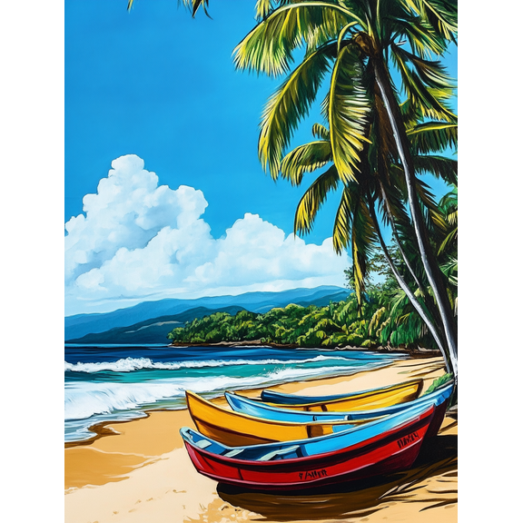 Tropical Beach Boats Canvas Art Print, Suitable for Living Room, Bedroom, Bathroom, Office, and Hotel Decoration.