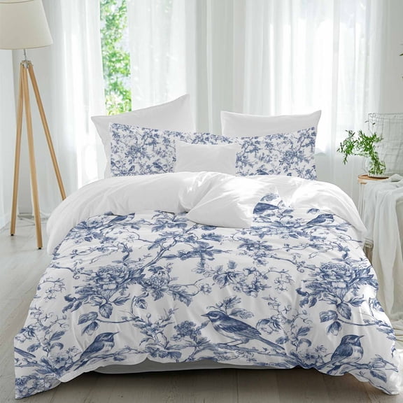 3 Piece Blue Botanical Duvet Cover Set Queen Size, Microfiber Comforter/Quilt Cover with Corner Ties and 2 Pillowcases, Vintage Botanical Birds All Season Soft Bedding with Zipper Closure