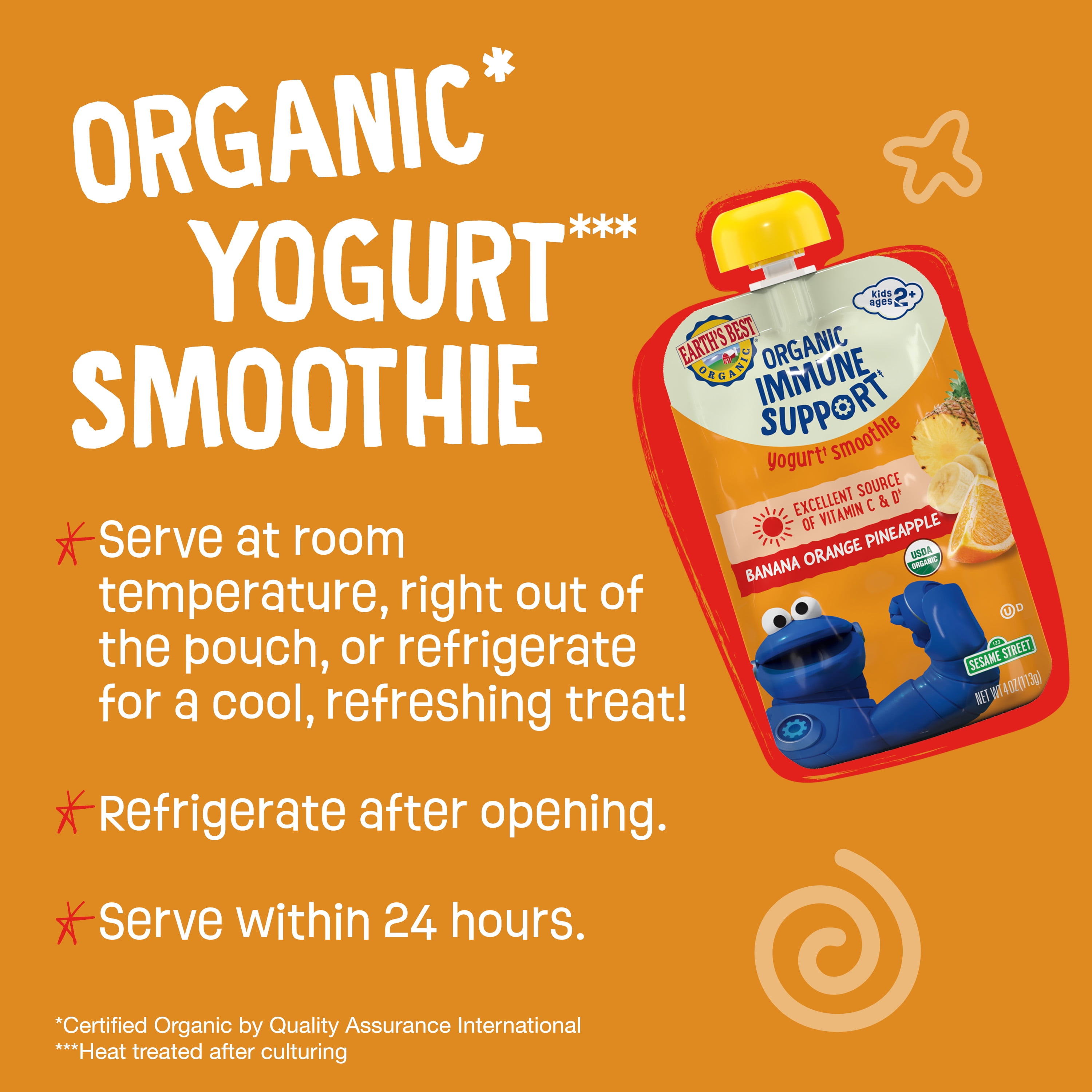 (4 pack) Earth's Best Organic Immune Support Toddler Food, Banana Orange Pineapple Smoothie, 4 oz Pouch