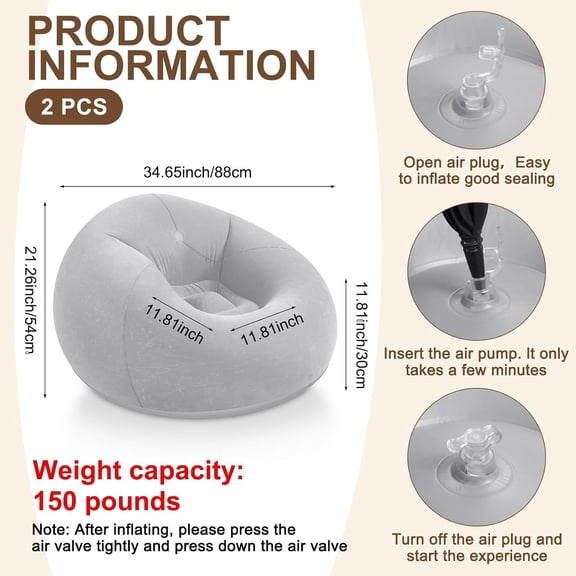 haoqianqian 2 Pcs Small Bean Bag Chair Inflatable Lazy Sofa,Gray