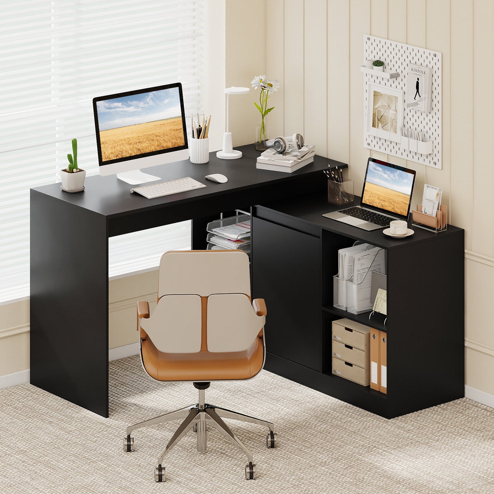 Gymax 48'' Reversible L-shaped Computer Desk w/2 Doors 4 Open Storage Cubes for Office Black