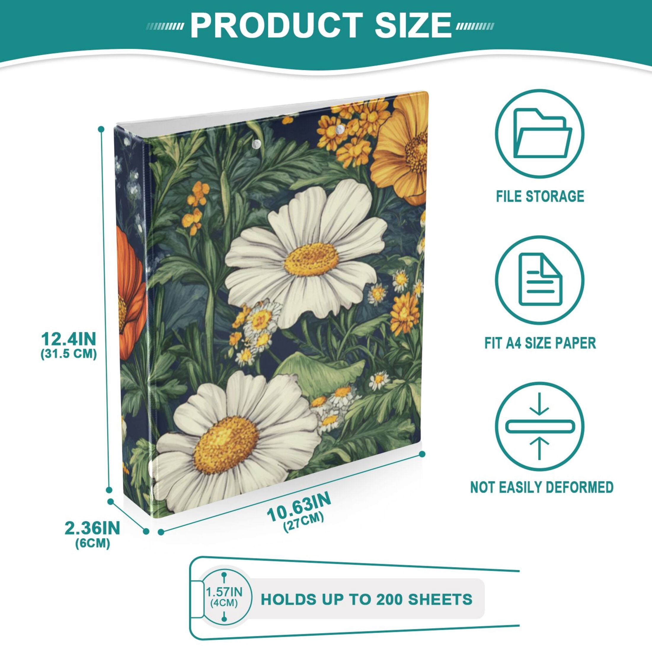 Filed Flowers 3 Ring Binders 1.5 inch Hardcover File Folders with Interior Pockets A4 Size Organizer for School Office Hospital