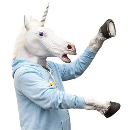 Latex Unicorn Animal Mask Halloween Dress Party Costume Prop Toy + Hooves Glove