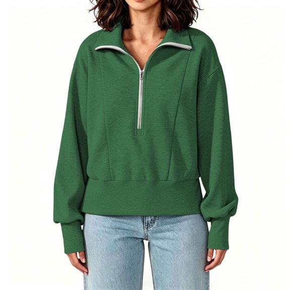 Edvintorg Women Sweatshirt Plus Size Cropped Sweatshirts Turndown Collar Half Zip Sweat Shirts Womens Clothes Green