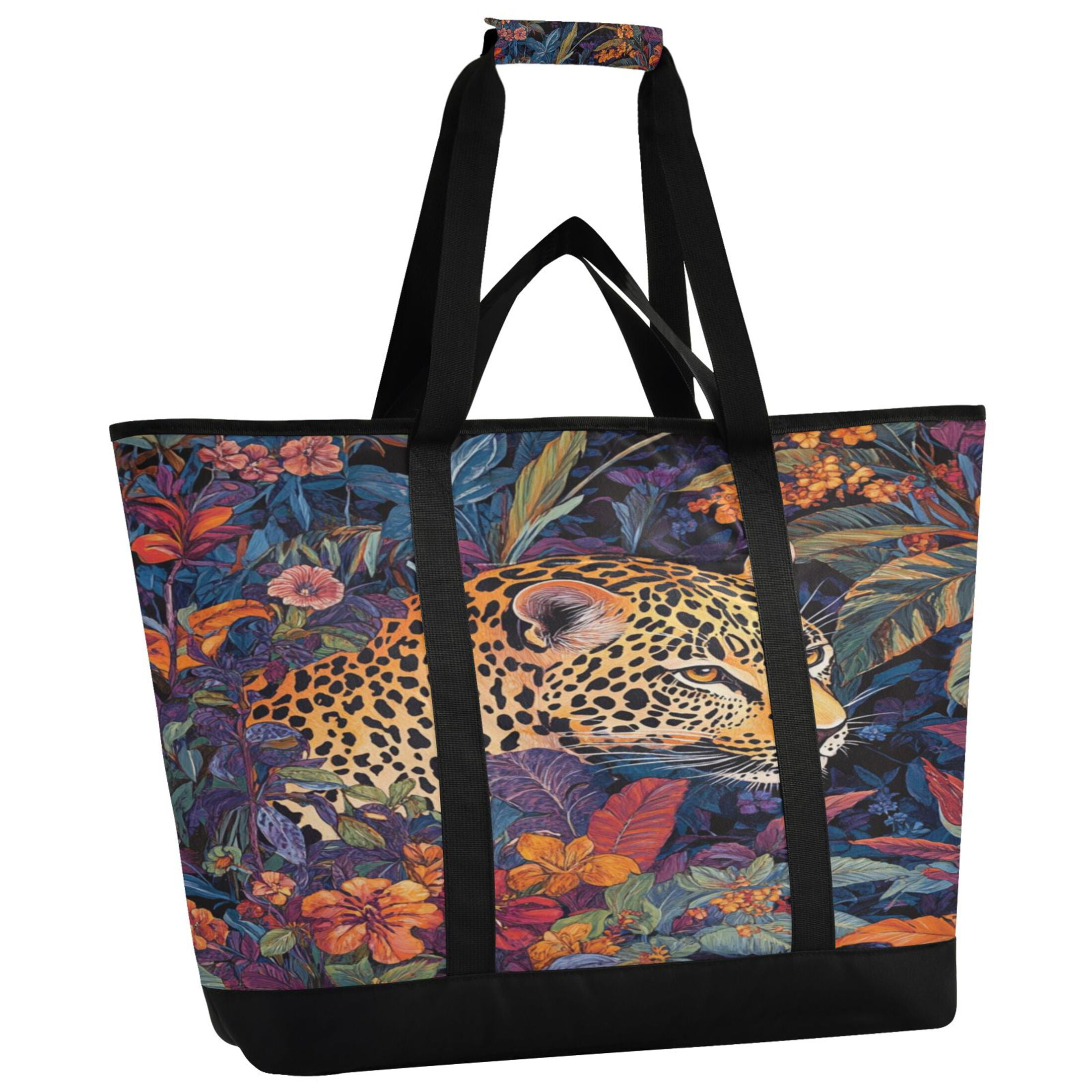 Large Hand-held Ice Pack Picnic Bag Insulation and Refrigeration Suitable for Shopping Picnics and Camping Colorful Flowers and Jaguars
