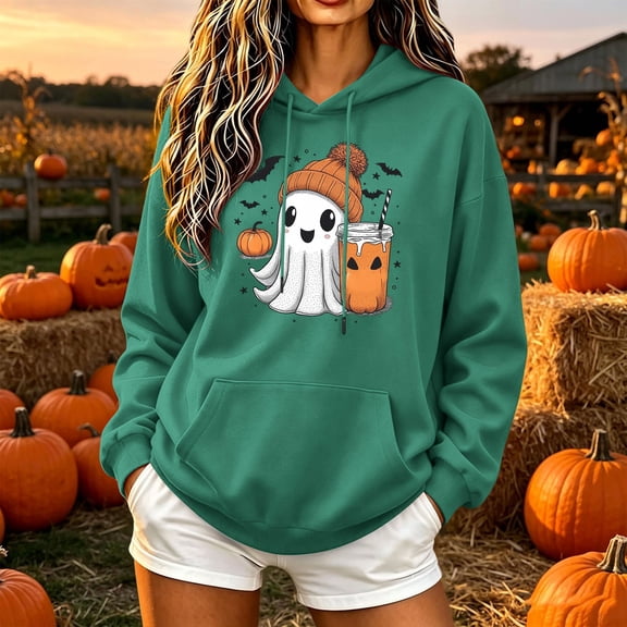 Molidfa Women's Happy Ghost Hoodie Drink Pumpkin Halloween Graphic Sweatshirt