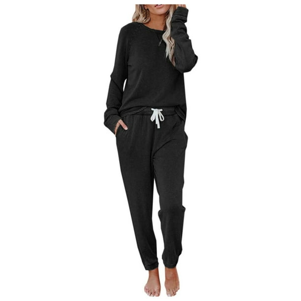 Gibobby Pijama para mujer invierno Conjunto de dos piezas para mujer, conjunto de pantalones superiores de color sólido degradado, conjunto informal deportivo(Negro,M)