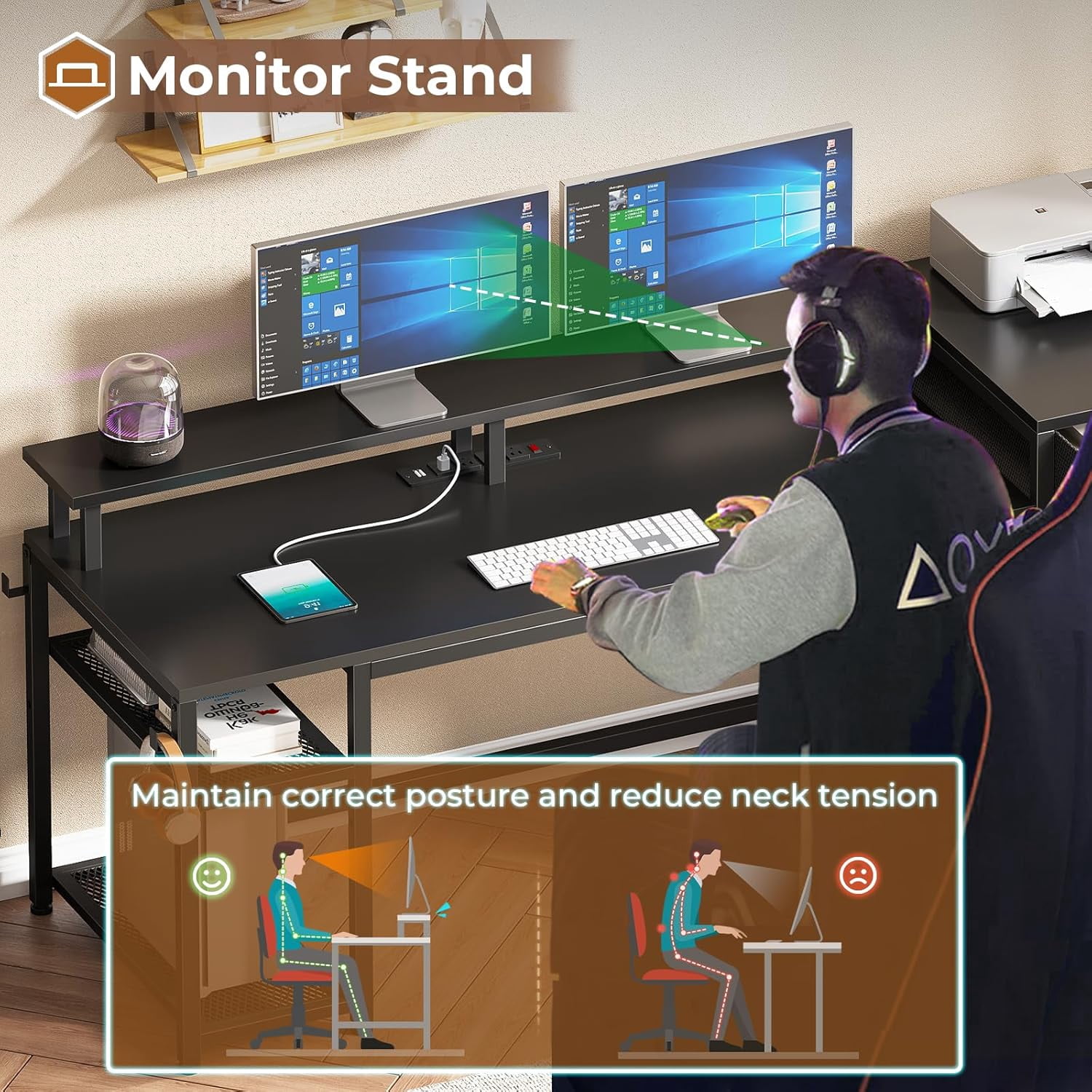 59" Office Desk with Drawers, Reversible Computer Desk with File Drawers & Storage, Gaming Desk with LED Lights & Power Outlet, Home Office Desks for Printer, Black