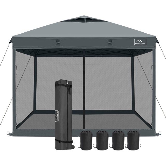 KAMPKEEPER 10x10 Pop Up Canopy Tent with Netting, Outdoor Sun Shade, Dark Grey