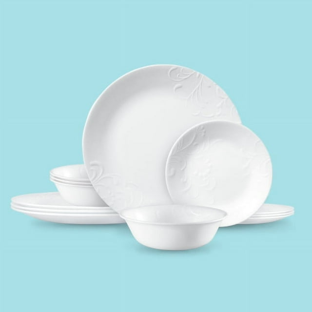 Corelle Madeline embossed white glass dinnerware set with plates and bowls, service for four