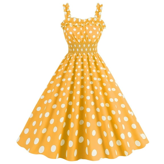 BONIXOOM Sexy Dresses for Women Date Night Retro Party Round Neckline Tab Sleeveless Lace Wrap Polka Dot Yellow Dresses