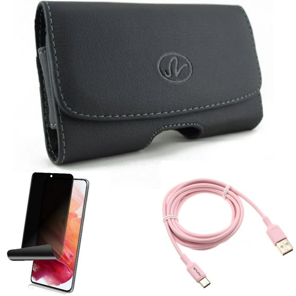 6ft USB-C Cable w Case Belt Clip w Privacy Screen Protector for Samsung Galaxy S21 Plus - Pink Charger Cord, Leather Swivel, TPU Film Fingerprint Works Accessory Bundle