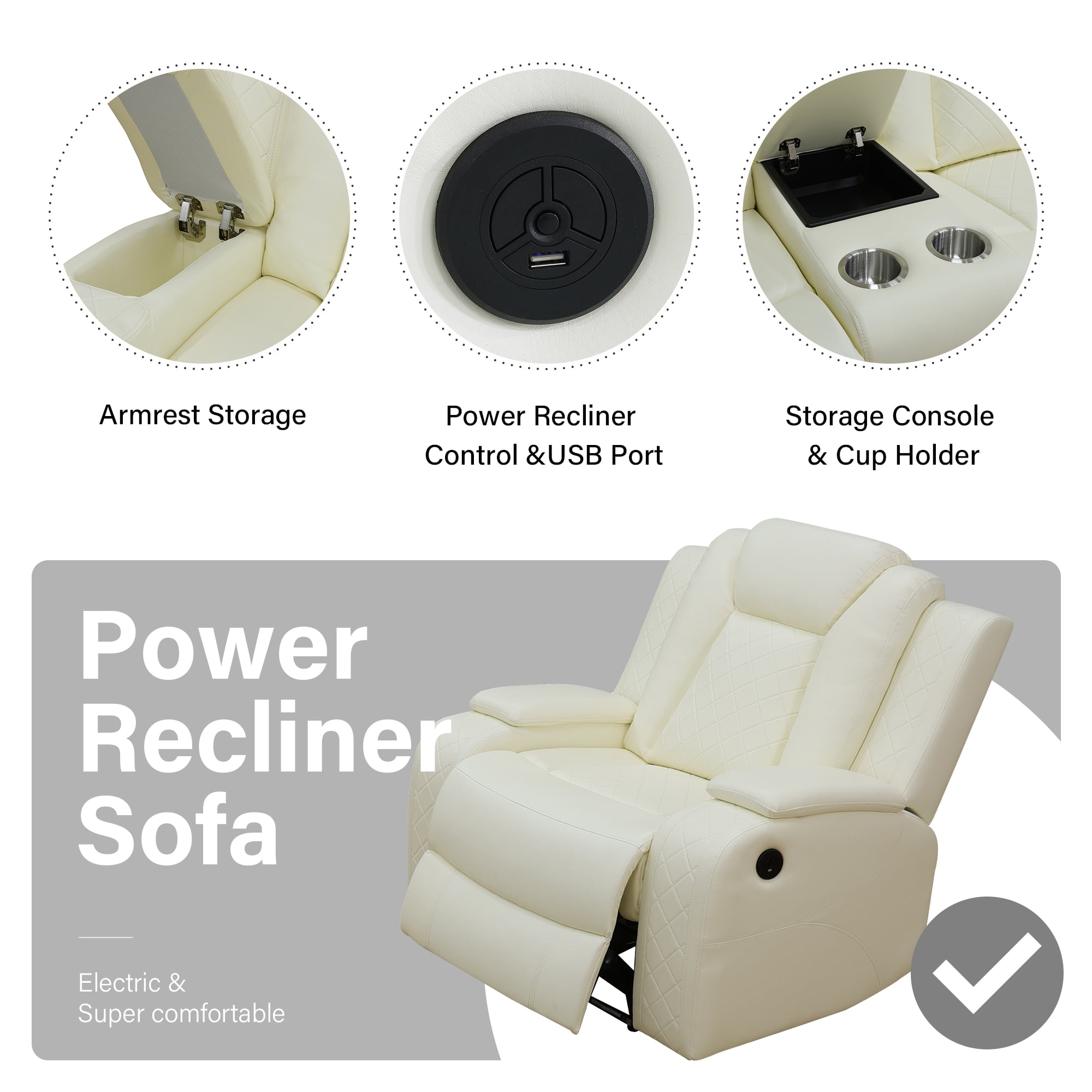 Aukfa Power Recliner Sofa Chair W/ Storage and USB for Living Room,Leather, White