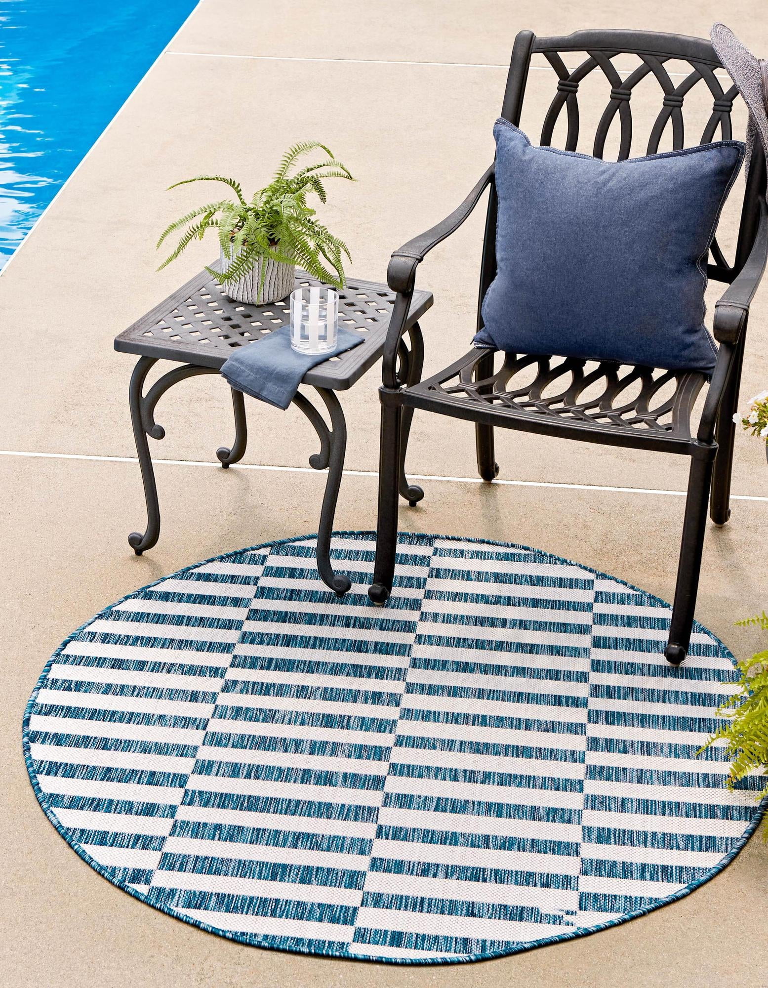 Unique Loom Striped Indoor/Outdoor Striped Rug Blue/Ivory 4' 1" Round