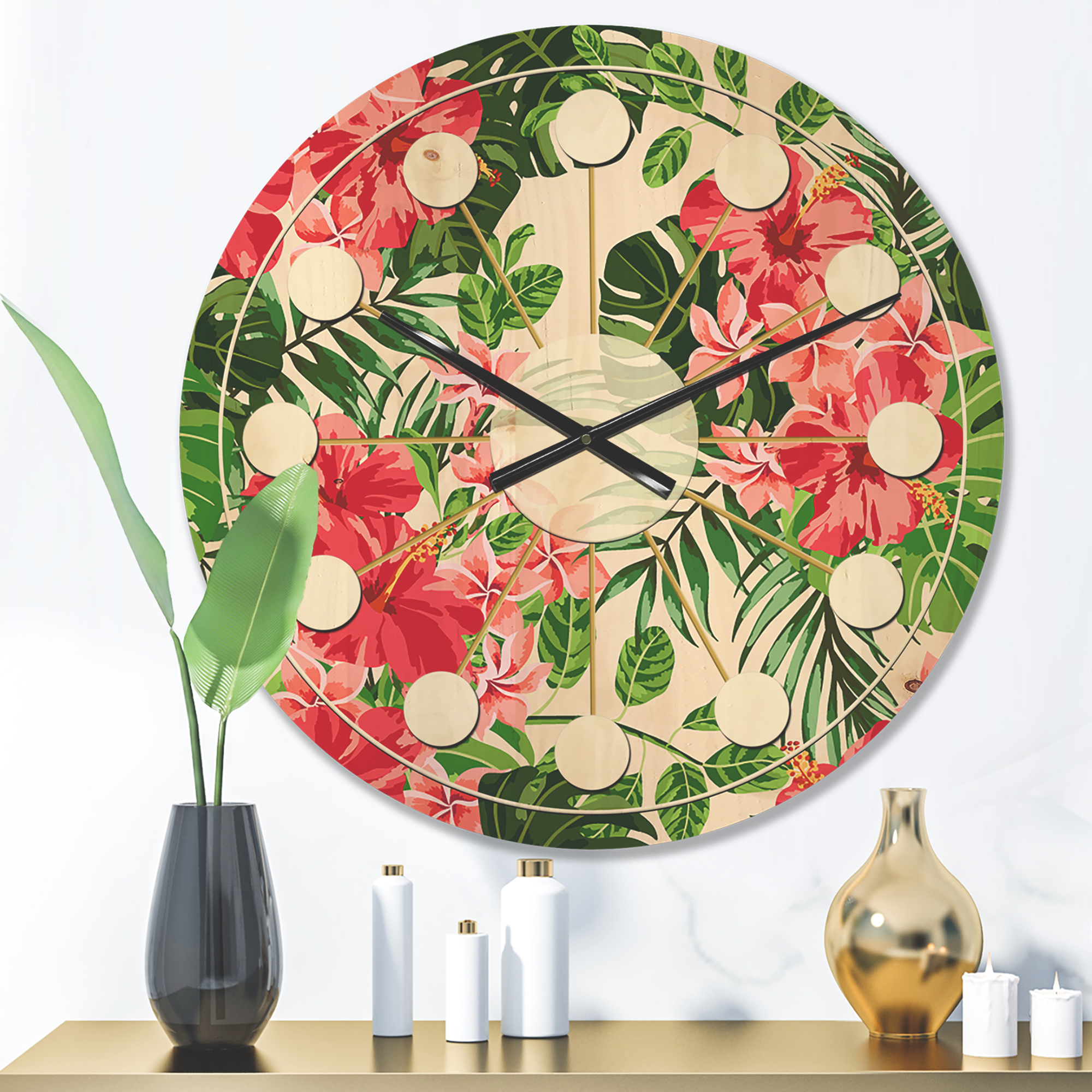 Designart 'Tropical Flowers and Leaves I' Mid-Century Modern Wood Wall Clock