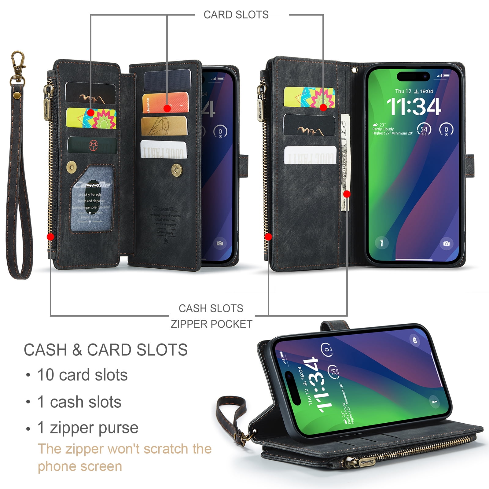 Dteck for iPhone 15 Plus Case with Card Holder, Premium iPhone 15 Plus Wallet Case for Women Men, Heavy Duty Durable PU Leather With Flip Zipper Pocket Phone Case w/ Wrist Strap Lanyard,Black