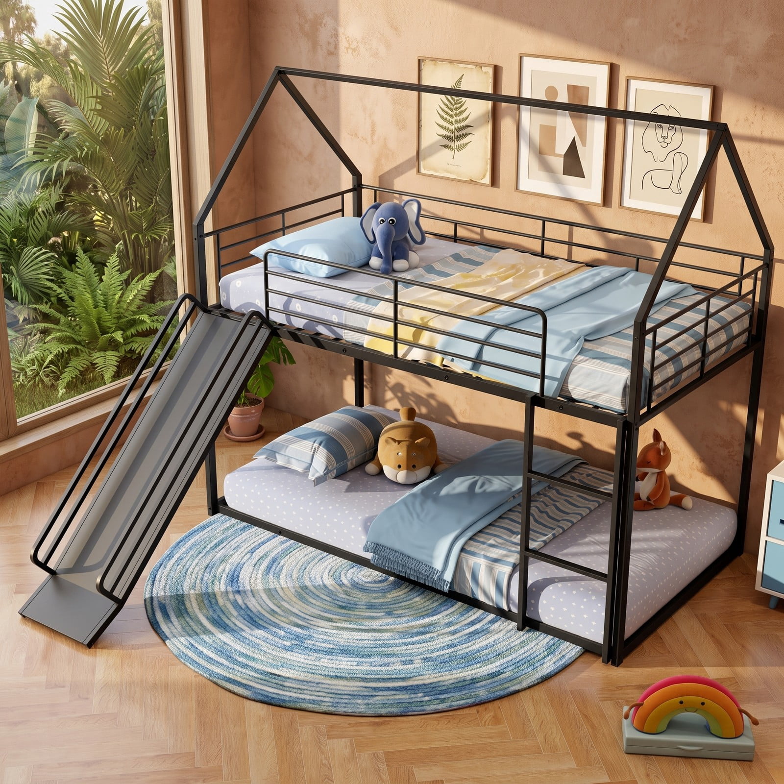 Furnibear House-shaped Twin Over Twin Metal Low Bunk Bed with Slide Ladder and Full-length Guardrails for Kids Rooms, Black