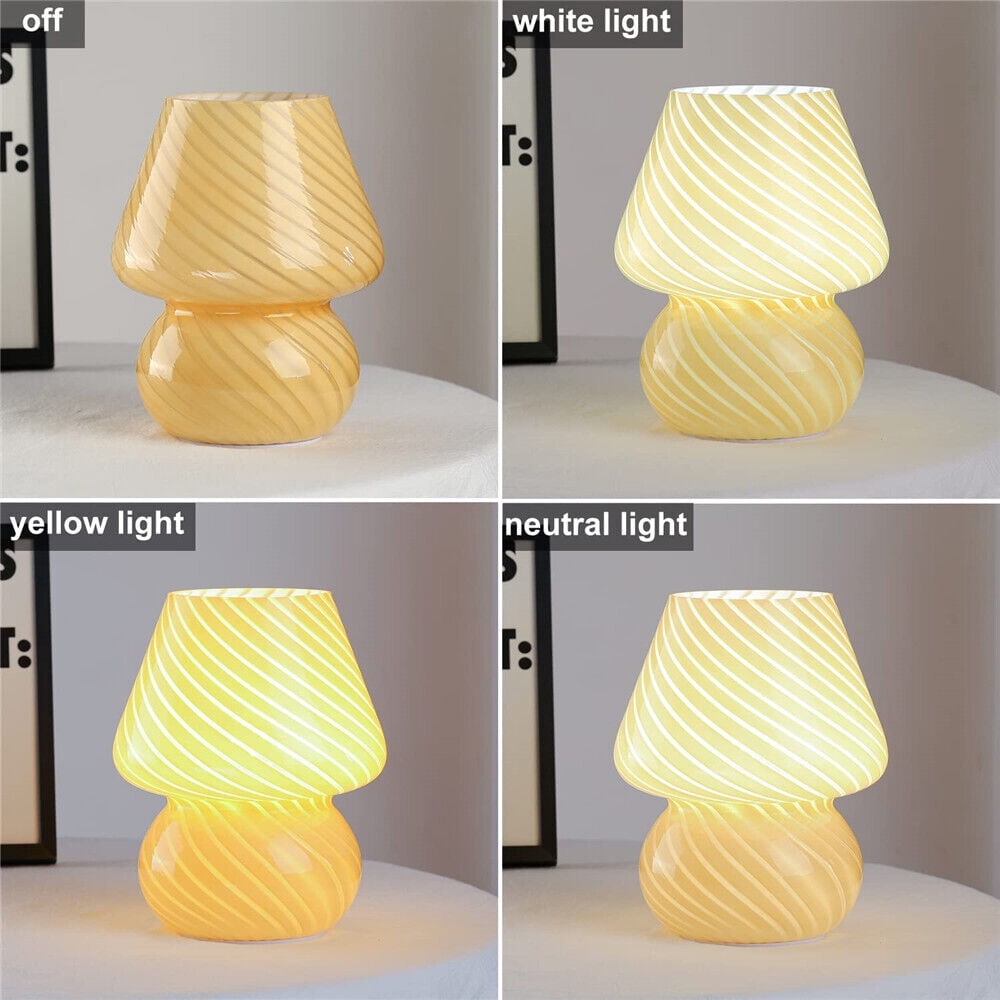 Glass Mushroom Bedside Table Lamp, Yellow Translucent Murano Vintage Style Striped Small Nightstand Desklamp Swirl Light for Home Decor, Dining, Living, Bedroom, Gift