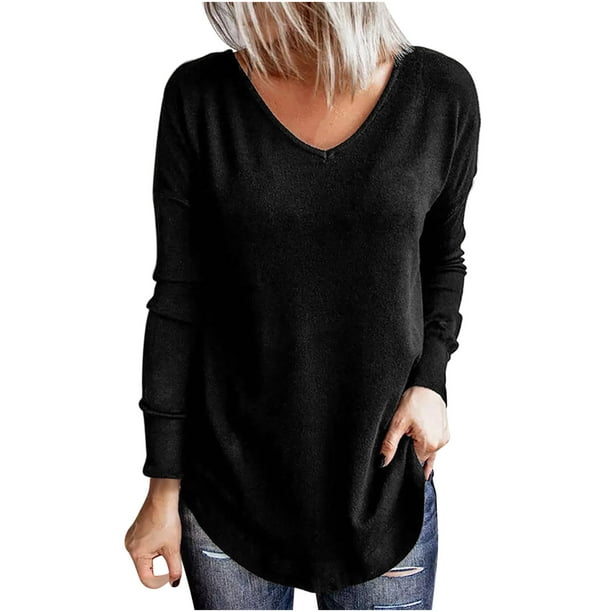 Blusa de manga larga con espalda abierta cruzada para mujer Blusa de manga larga con dobladillo irregular de color sólido Pompotops gfhjh17878