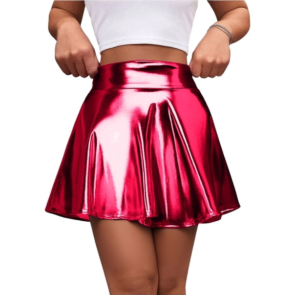 LIBRCLO Short Skirts for Women Shiny Metallic Look Stretchy Flared Mini Skirt A-Line Party Clothes