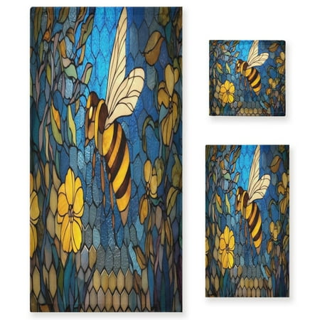 3 Piece Bath Towels Set Bath Towel, Hand Towel and Face Towel for Bathroom, Gym, Hotel Yellow Flowers and Bee
